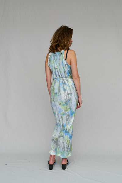 LOUNGE. PARTY ARTIST DRESS WRAP PROVOKE HAND PAINTED VISCOSE END OF RUN RAW BIAS EDGING BIAS CUT COMFORTABLE SUMMER ROMANCE, DESIGNER, NICOLA WEST, W35T, CAPE TOWN, SOUTH AFRICA