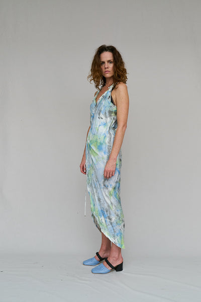  LOUNGE. PARTY  ARTIST  DRESS  WRAP  PROVOKE  HAND PAINTED  VISCOSE  END OF RUN  RAW BIAS EDGING  BIAS CUT  COMFORTABLE  SUMMER  ROMANCE, DESIGNER, NICOLA WEST, W35T, CAPE TOWN, SOUTH AFRICA