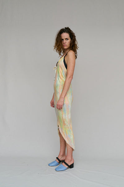 HALTER, SPRING, PAINT, POISE, DRESS, BIAS CUT, VISCOSE, HAND PAINTED, SUNSET, ADJUSTABLE, SEXY, LOW BACK, SLOPING FRONT TO BACK, HAND PAINTED, CAPE TOWN, SOUTH AFRICA, DESIGNER, NICOLA WEST, W35T, HAND PAINTED