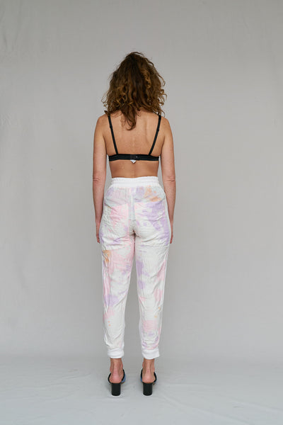 SUNSET, PANTS, LOUNGE, KICK BACK, HAND PAINTED, GOOD SPORT, END OF RUN, ELASTICATED, DRAWSTRING WAIST, COOL, ARTIST, ADJUSTABLE, COMFORTABLE, DETAIL, DAY TO NIGHT, PAINT, NICOLA WEST, RAINBOW LIT SKY, POET, SPORT, W35T, VISCOSE, WEST, SPRING, ROMANCE, TUTSI, NICOLA WEST, W35T, CAPE TOWN, SOUTH AFRICA, DESIGNER